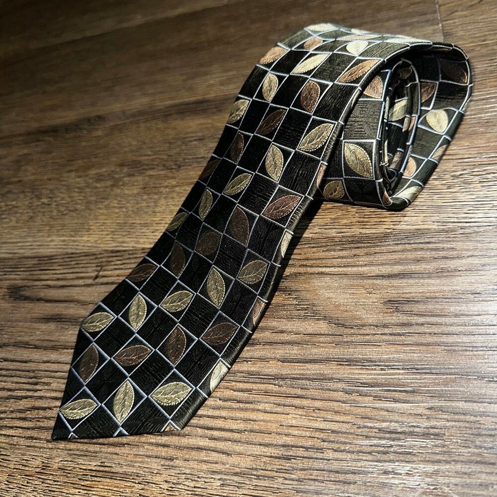 BUGATCHI UOMO Silk Leaf Tie Made in Italy Green Bronze Metallic